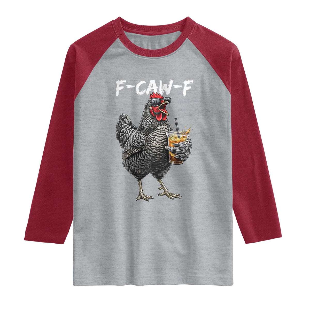 F-CAW-F Sarcastic Chicken Drinking Coffee Raglan Shirt Funny Morning Mood Grumpy Hen Iced Coffee Lover