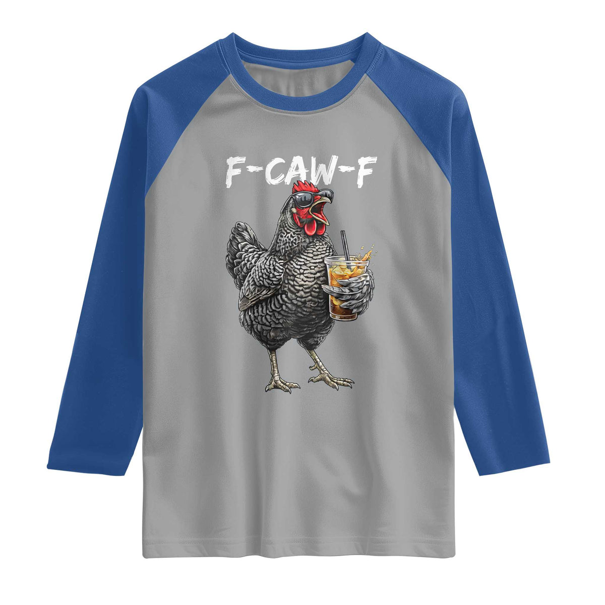 F-CAW-F Sarcastic Chicken Drinking Coffee Raglan Shirt Funny Morning Mood Grumpy Hen Iced Coffee Lover