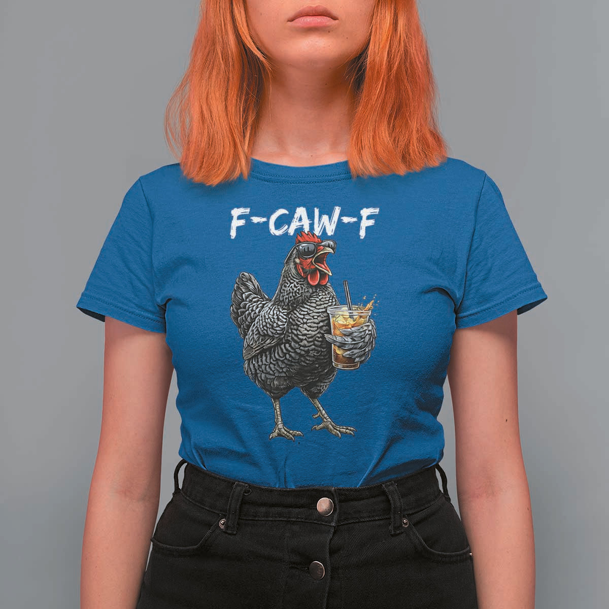 F-CAW-F Sarcastic Chicken Drinking Coffee T Shirt For Women Funny Morning Mood Grumpy Hen Iced Coffee Lover