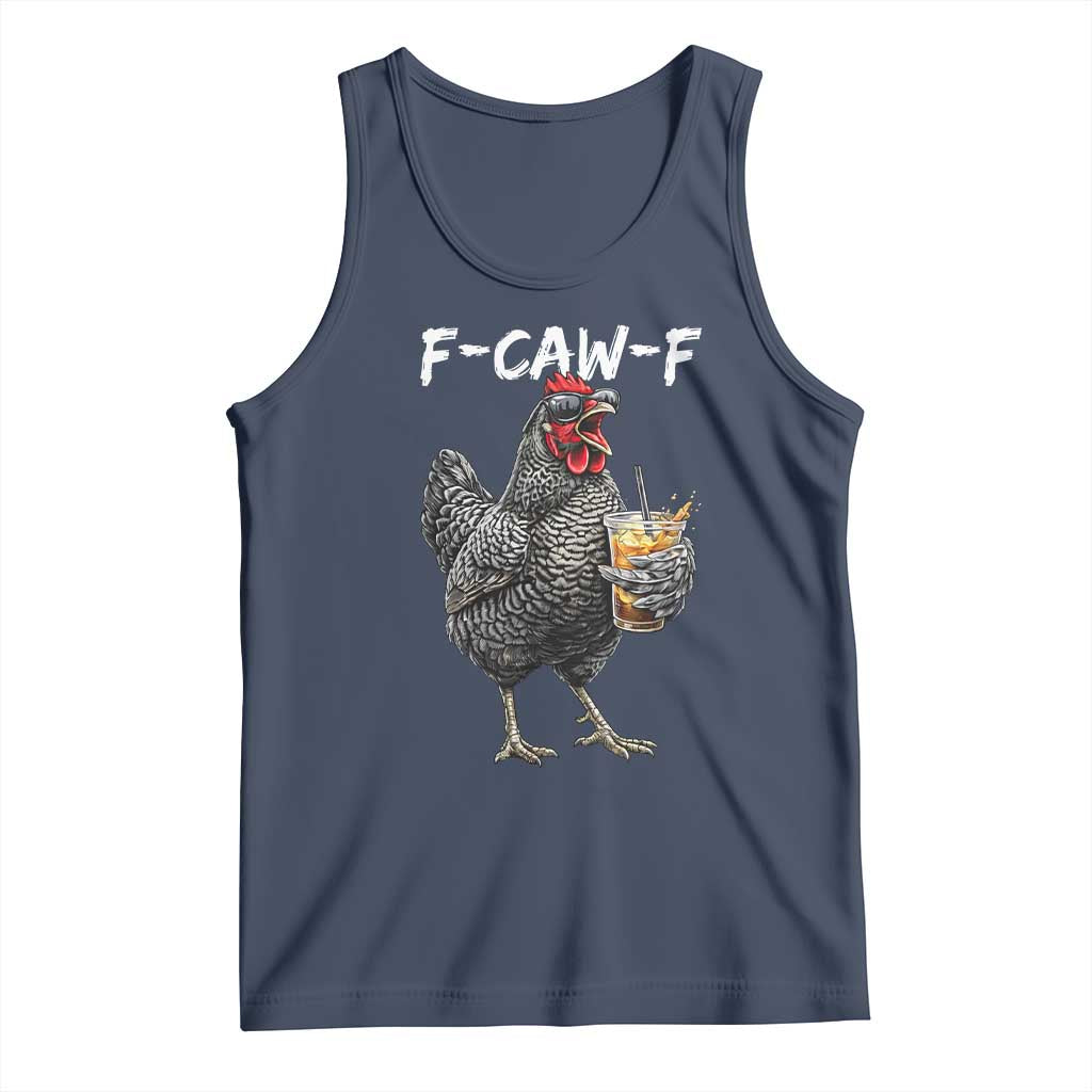 F-CAW-F Sarcastic Chicken Drinking Coffee Tank Top Funny Morning Mood Grumpy Hen Iced Coffee Lover