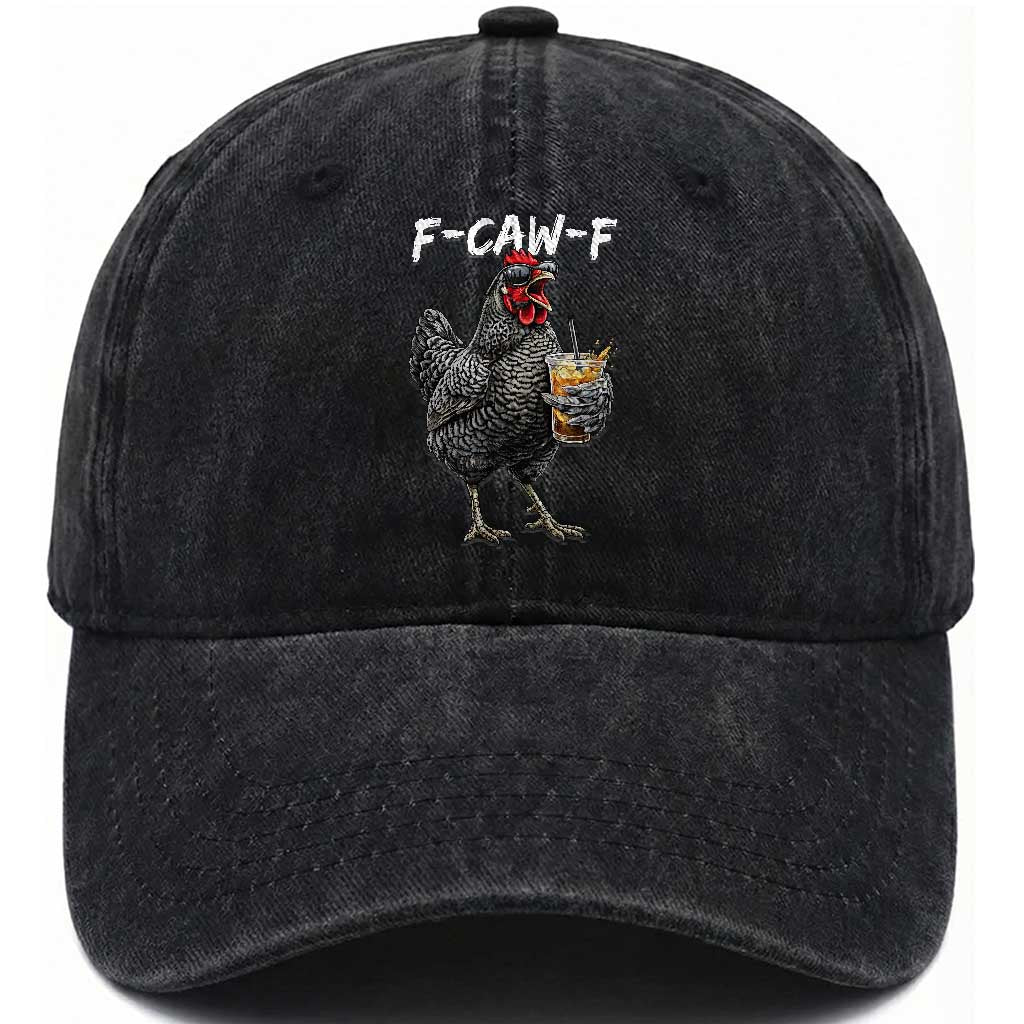 F-CAW-F Sarcastic Chicken Drinking Coffee Washed Cotton Baseball Cap Funny Morning Mood Grumpy Hen Iced Coffee Lover