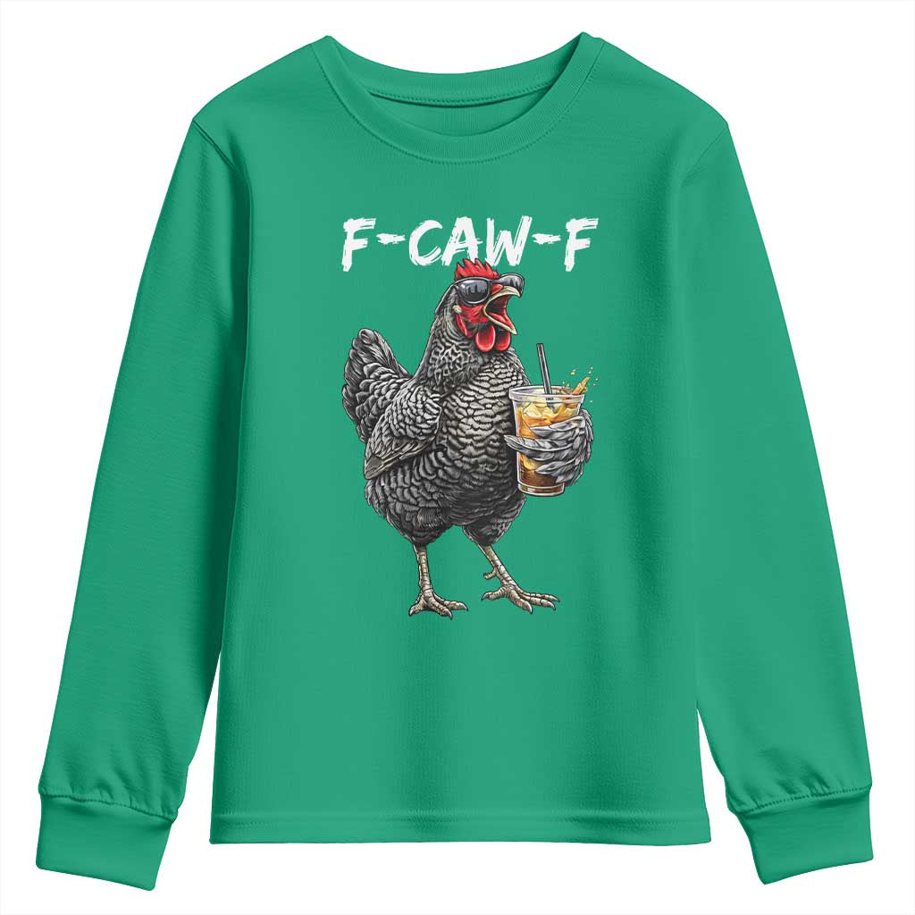 F-CAW-F Sarcastic Chicken Drinking Coffee Youth Sweatshirt Funny Morning Mood Grumpy Hen Iced Coffee Lover