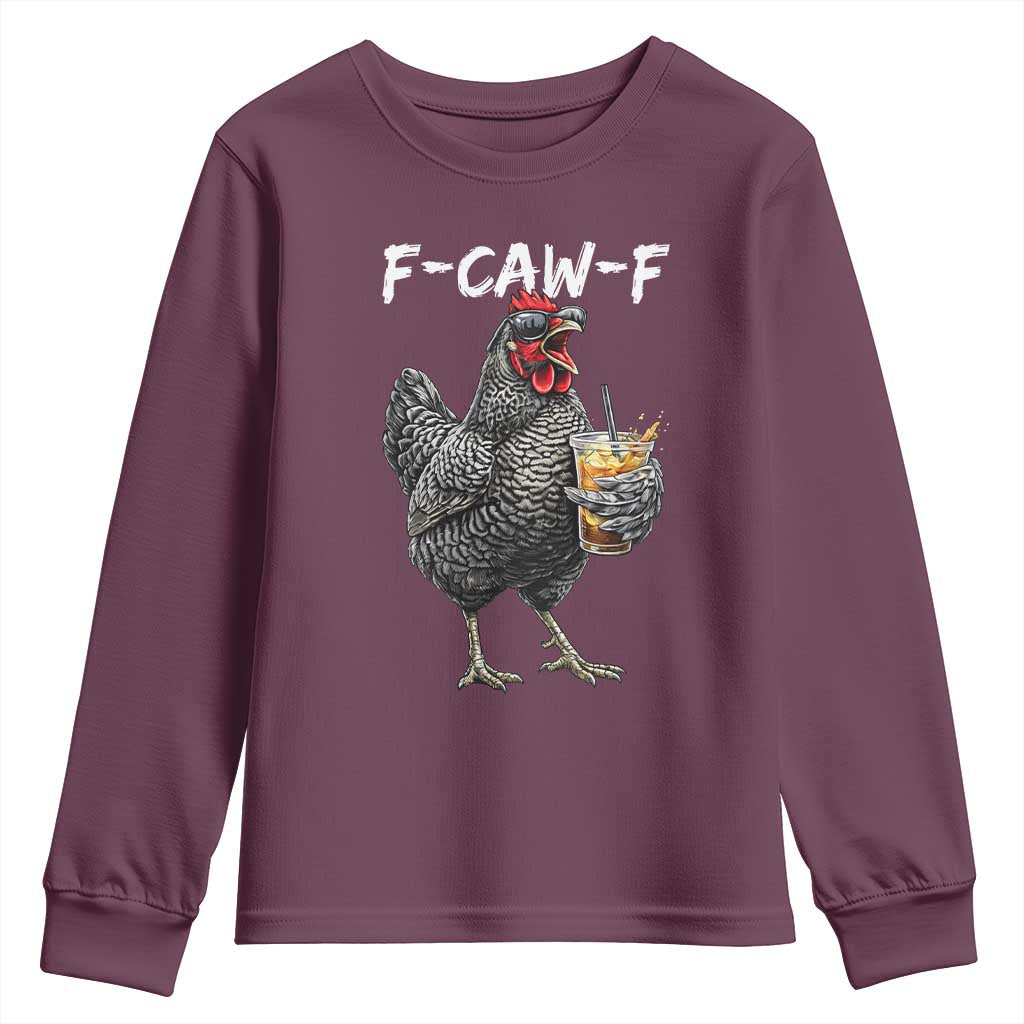 F-CAW-F Sarcastic Chicken Drinking Coffee Youth Sweatshirt Funny Morning Mood Grumpy Hen Iced Coffee Lover