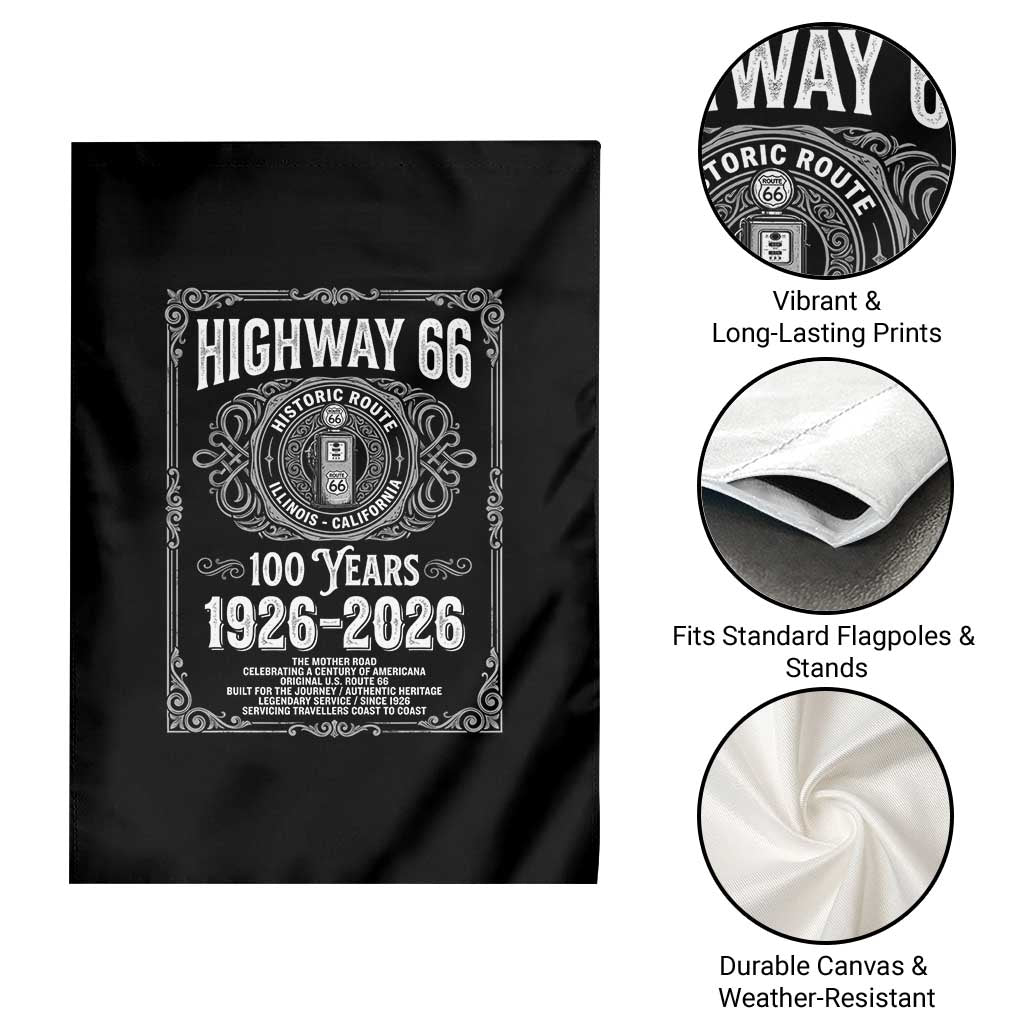 Historic Mother Road Highway 66 Garden Flag Centennial 1926-2026 Classic Gas Pump Filigree Graphic