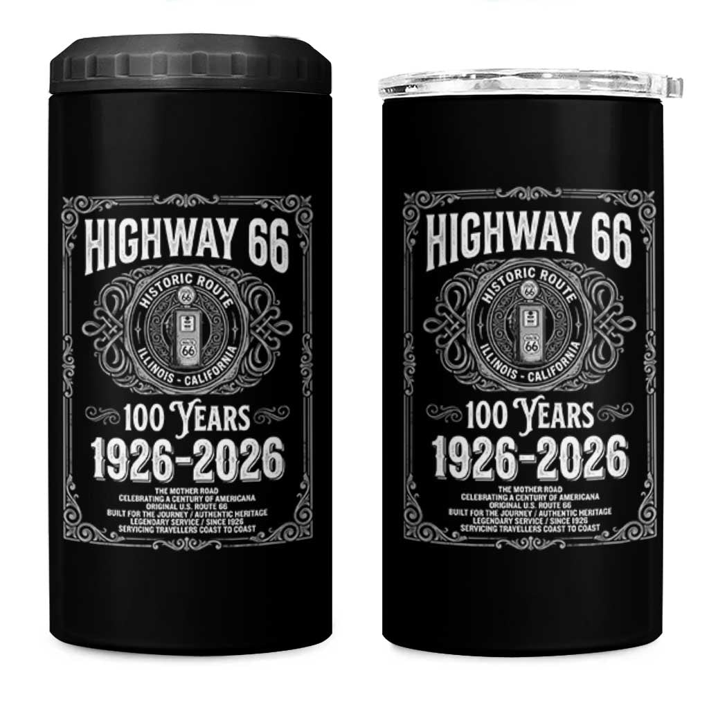 Historic Mother Road Highway 66 4 in 1 Can Cooler Tumbler Centennial 1926-2026 Classic Gas Pump Filigree Graphic