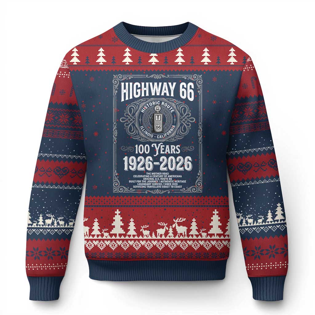 Historic Mother Road Highway 66 Ugly Christmas Sweater Centennial 1926-2026 Classic Gas Pump Filigree Graphic