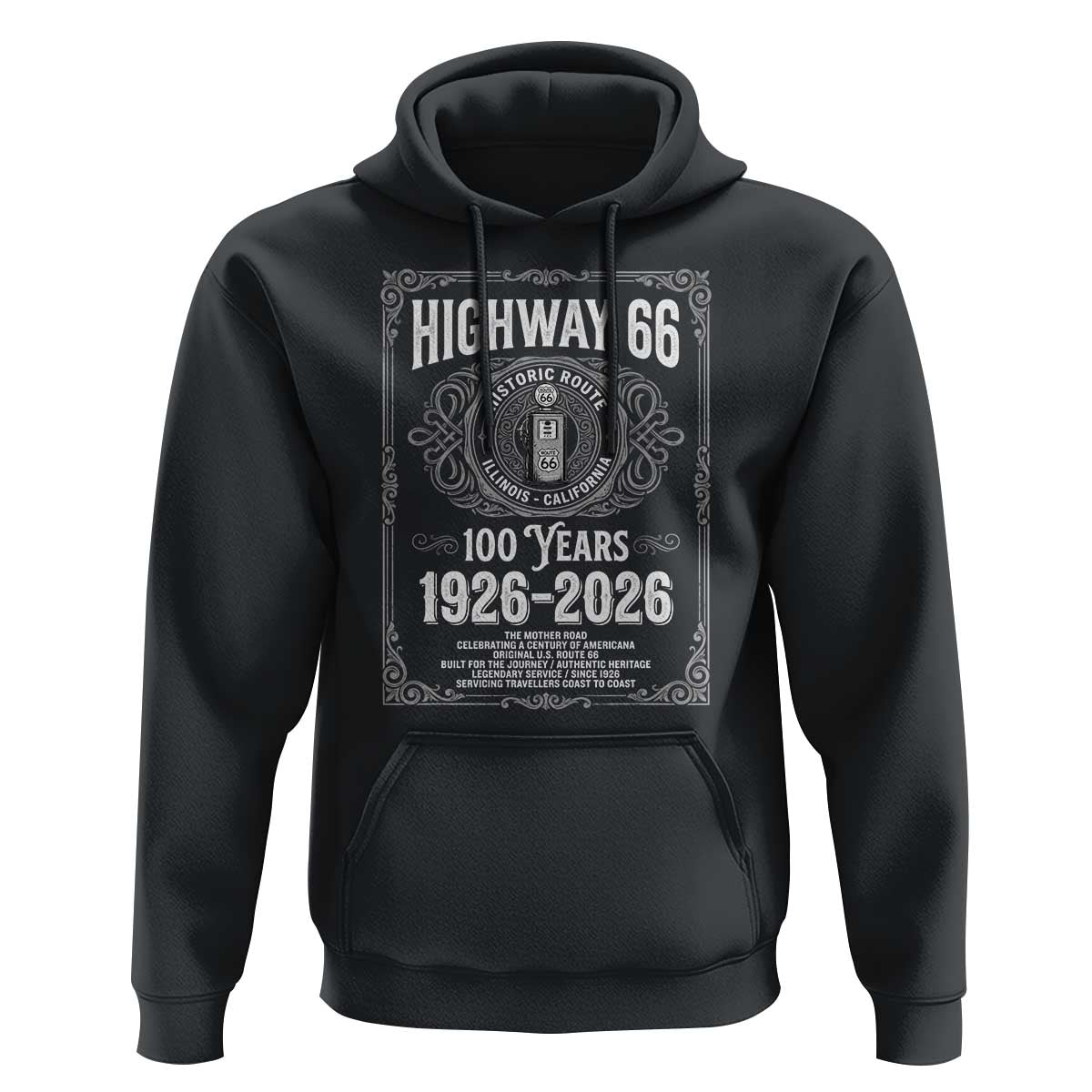 Historic Mother Road Highway 66 Hoodie Centennial 1926-2026 Classic Gas Pump Filigree Graphic