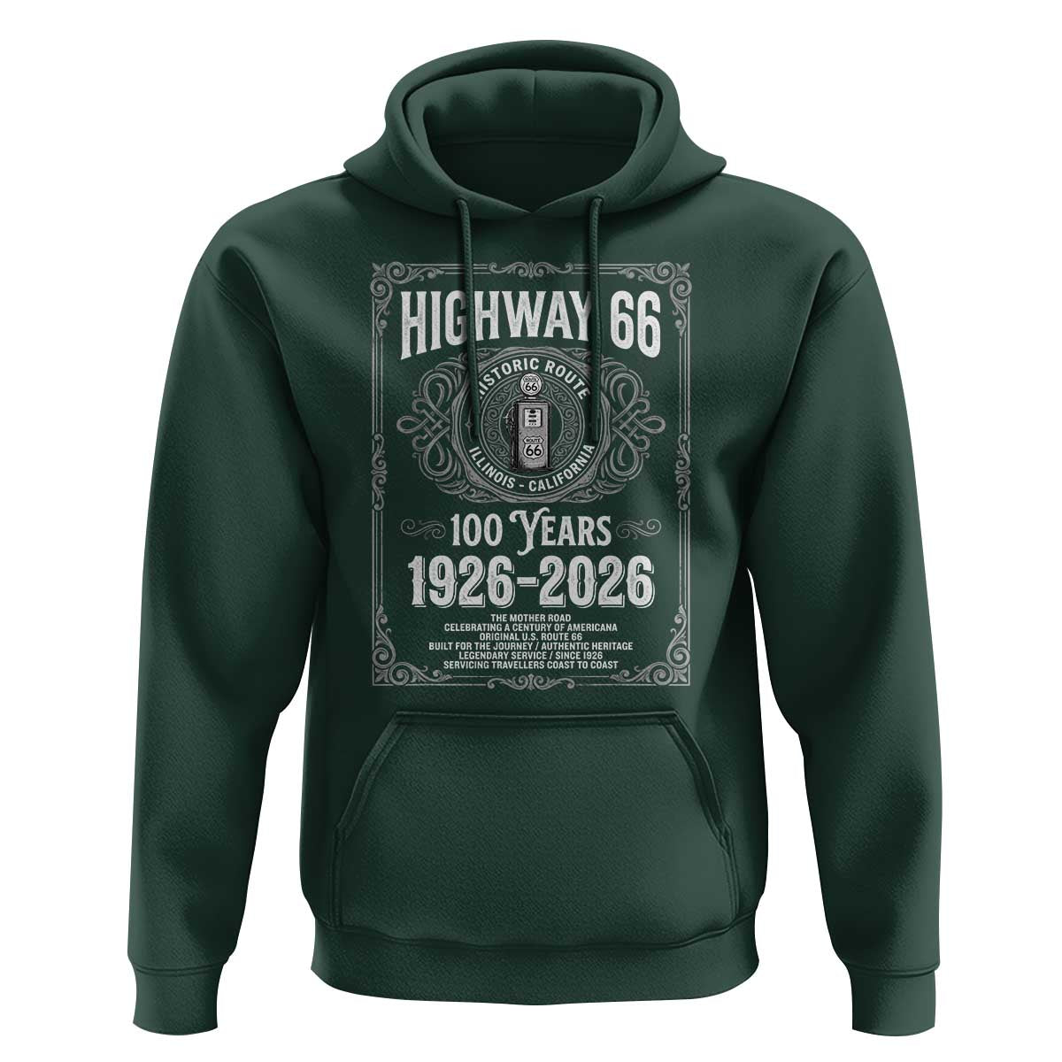 Historic Mother Road Highway 66 Hoodie Centennial 1926-2026 Classic Gas Pump Filigree Graphic