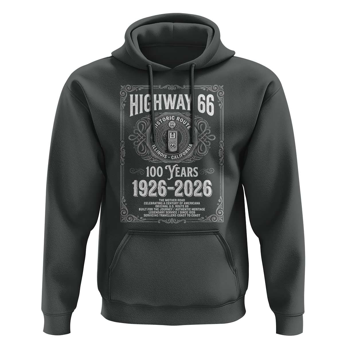 Historic Mother Road Highway 66 Hoodie Centennial 1926-2026 Classic Gas Pump Filigree Graphic