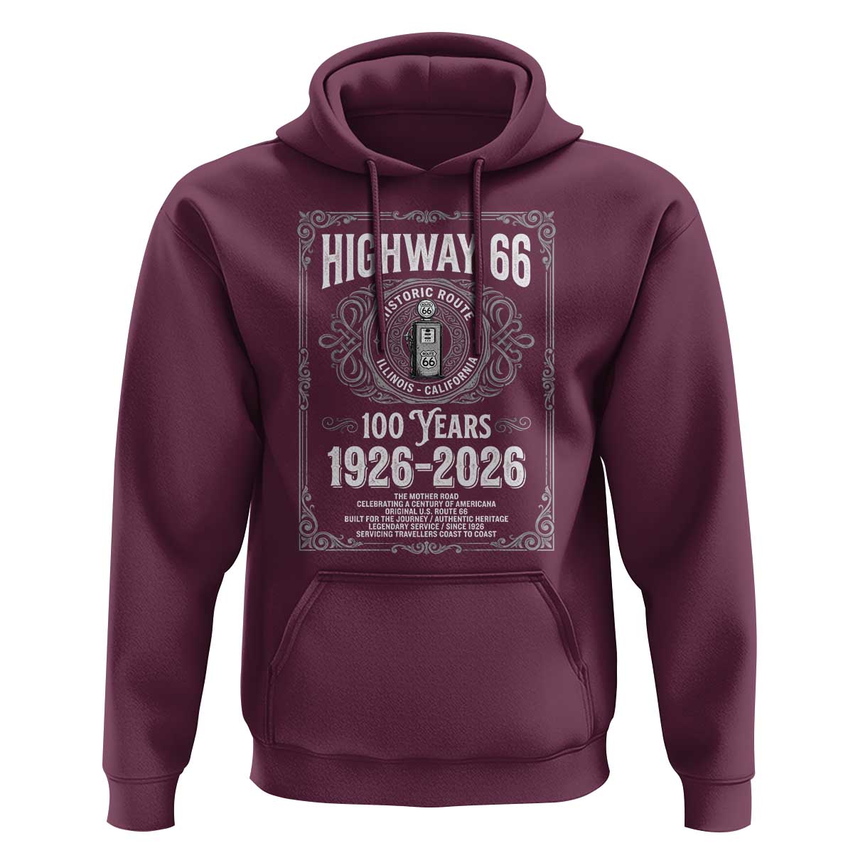Historic Mother Road Highway 66 Hoodie Centennial 1926-2026 Classic Gas Pump Filigree Graphic