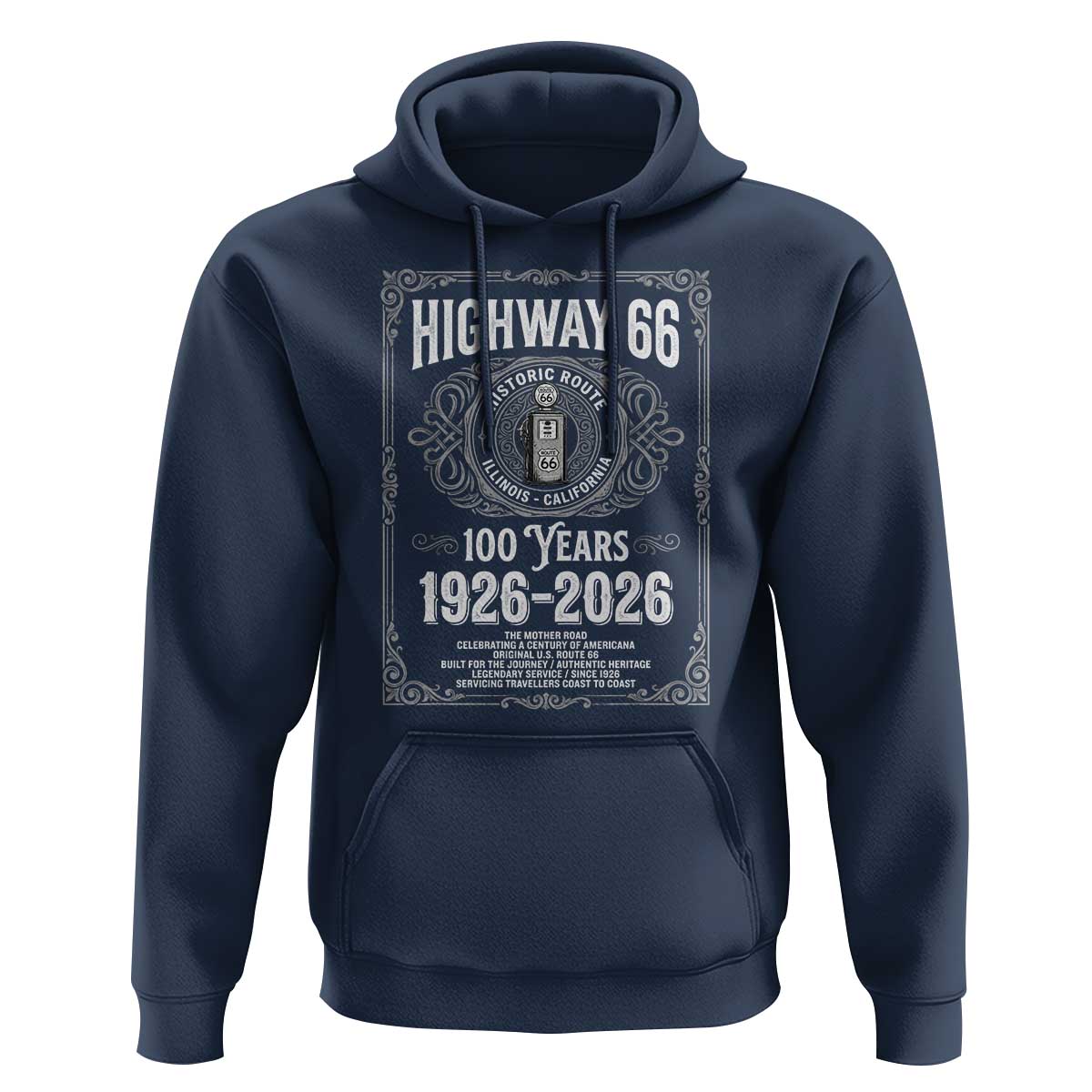 Historic Mother Road Highway 66 Hoodie Centennial 1926-2026 Classic Gas Pump Filigree Graphic