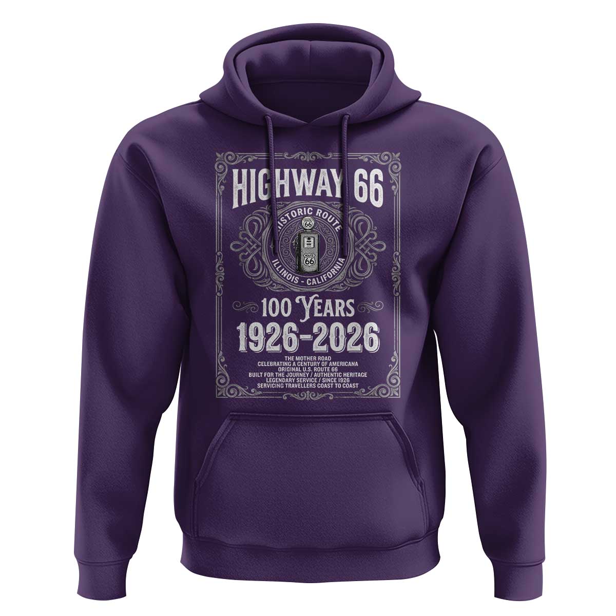Historic Mother Road Highway 66 Hoodie Centennial 1926-2026 Classic Gas Pump Filigree Graphic
