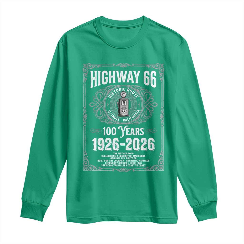 Historic Mother Road Highway 66 Long Sleeve Shirt Centennial 1926-2026 Classic Gas Pump Filigree Graphic