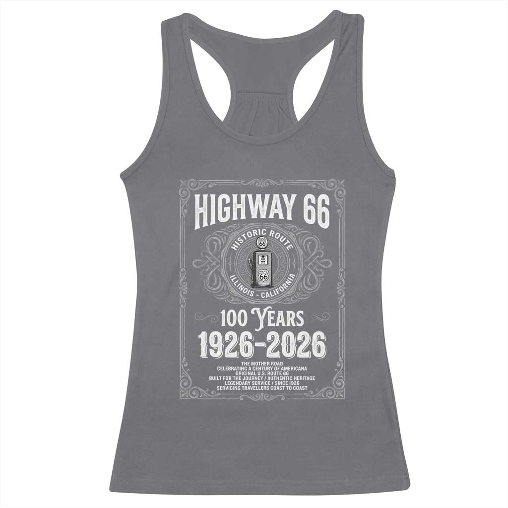 Historic Mother Road Highway 66 Racerback Tank Top Centennial 1926-2026 Classic Gas Pump Filigree Graphic