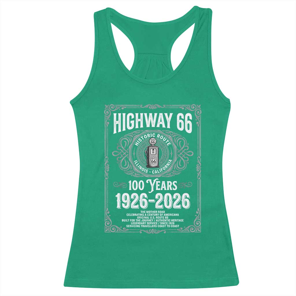 Historic Mother Road Highway 66 Racerback Tank Top Centennial 1926-2026 Classic Gas Pump Filigree Graphic