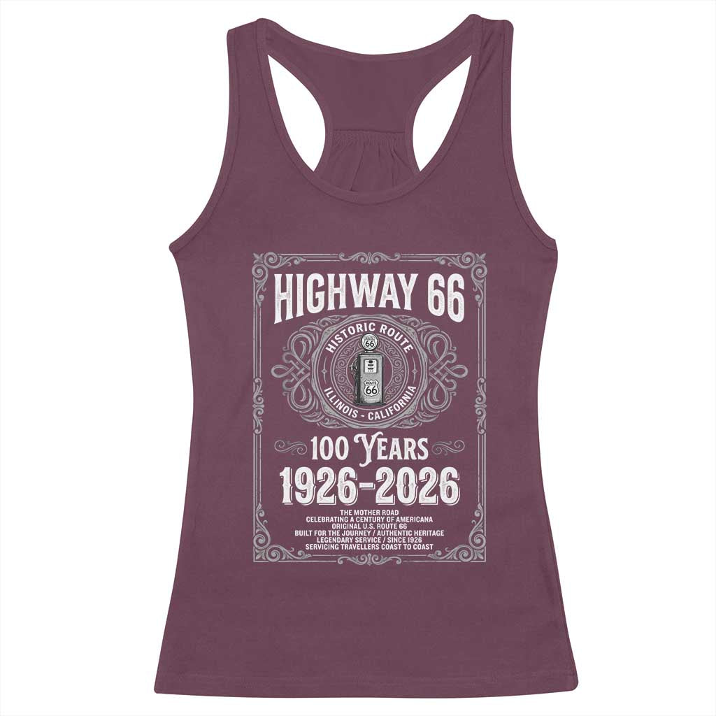Historic Mother Road Highway 66 Racerback Tank Top Centennial 1926-2026 Classic Gas Pump Filigree Graphic