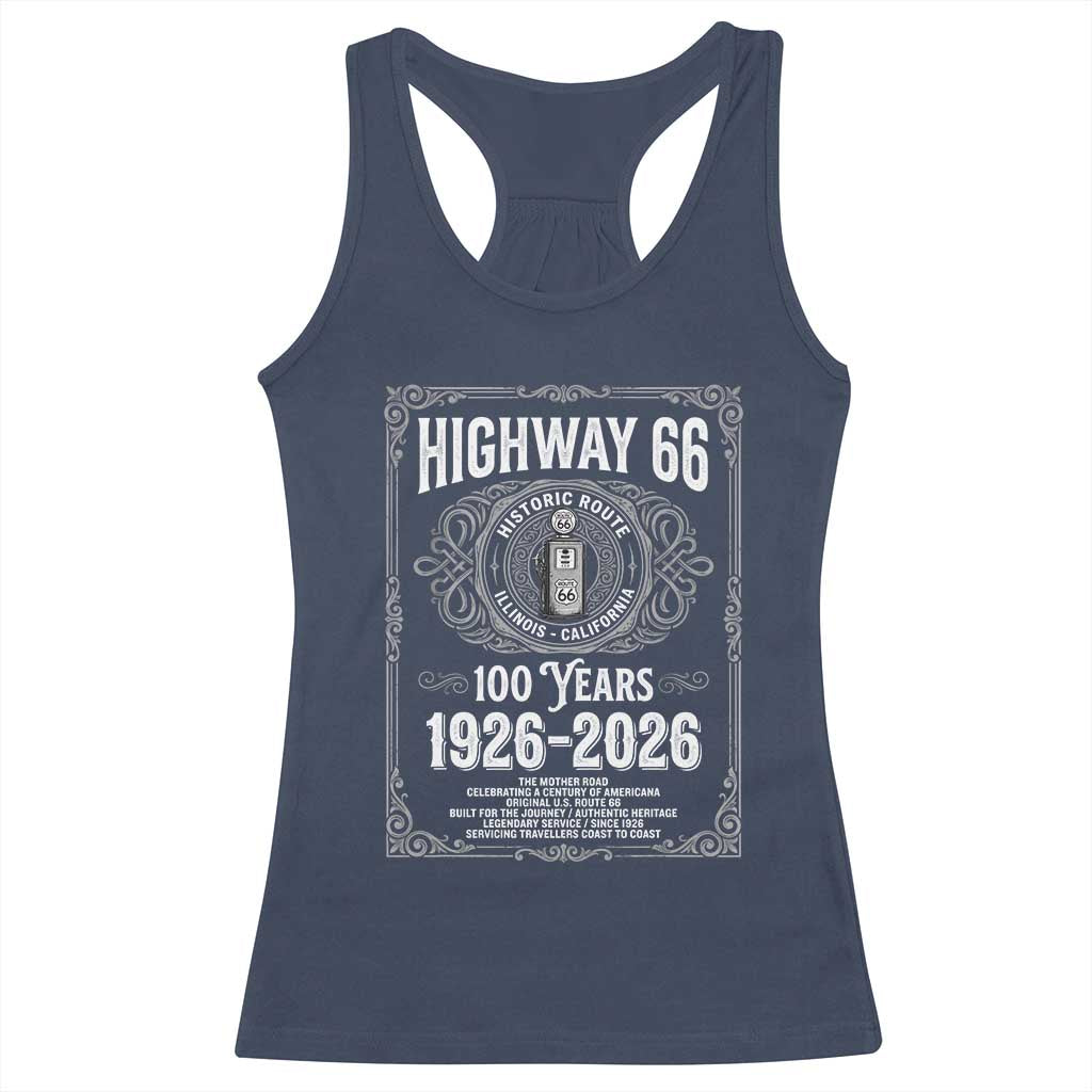 Historic Mother Road Highway 66 Racerback Tank Top Centennial 1926-2026 Classic Gas Pump Filigree Graphic