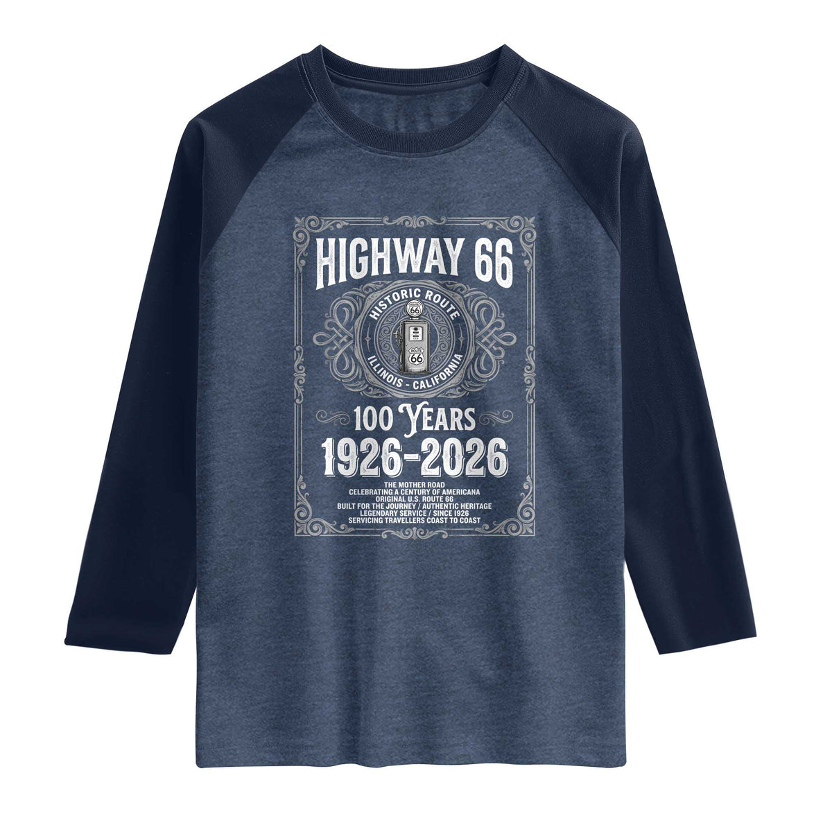 Historic Mother Road Highway 66 Raglan Shirt Centennial 1926-2026 Classic Gas Pump Filigree Graphic