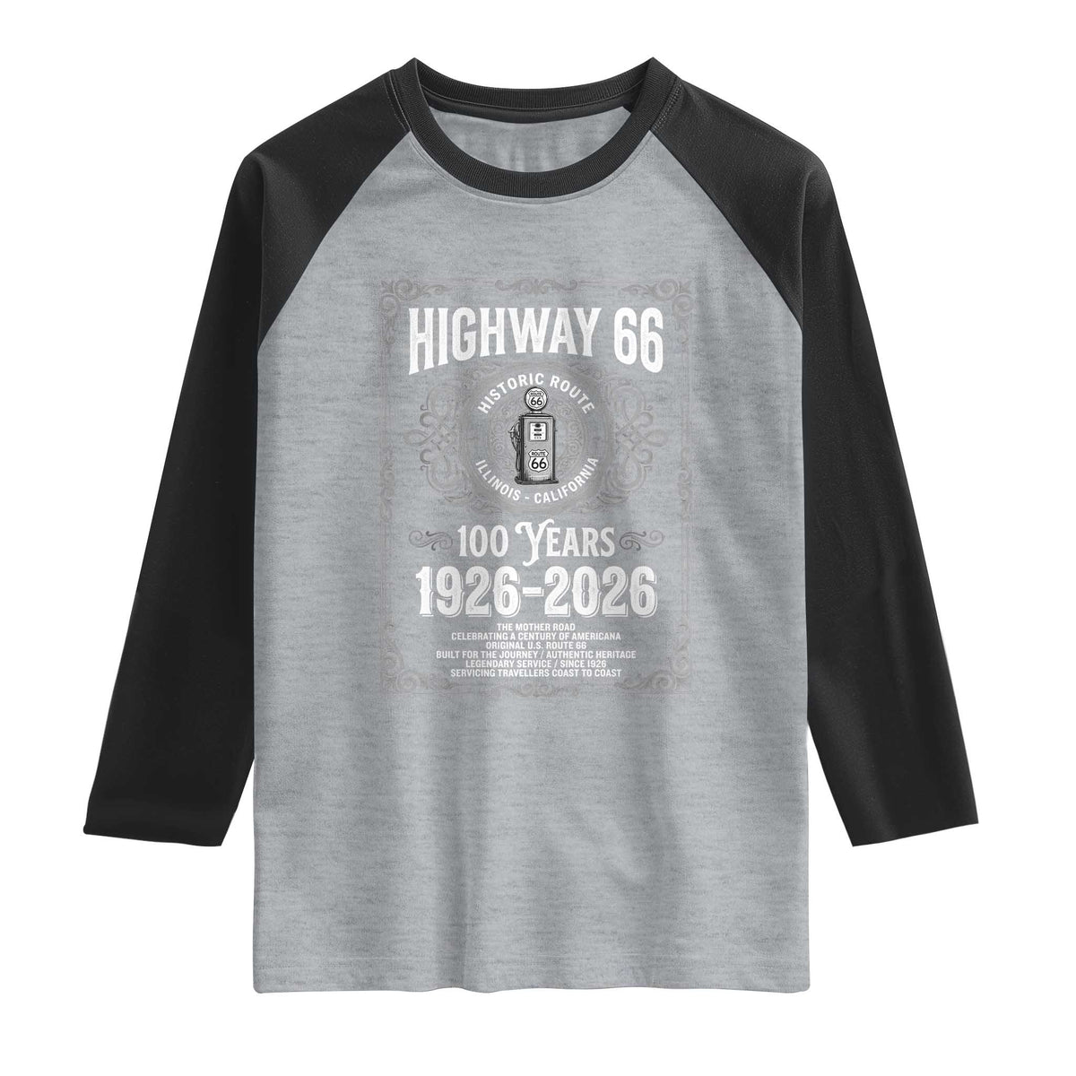 Historic Mother Road Highway 66 Raglan Shirt Centennial 1926-2026 Classic Gas Pump Filigree Graphic