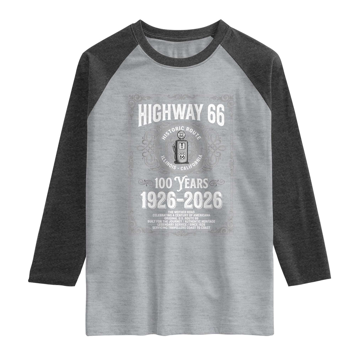 Historic Mother Road Highway 66 Raglan Shirt Centennial 1926-2026 Classic Gas Pump Filigree Graphic
