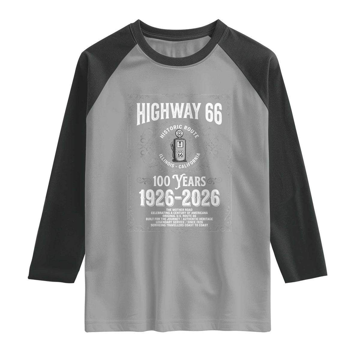 Historic Mother Road Highway 66 Raglan Shirt Centennial 1926-2026 Classic Gas Pump Filigree Graphic