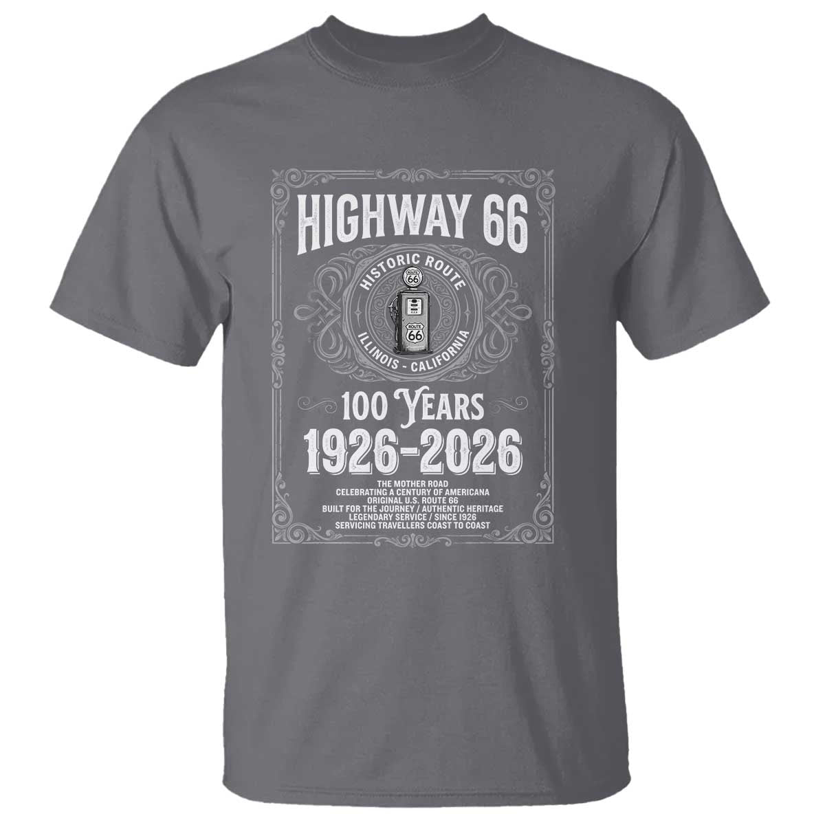 Historic Mother Road Highway 66 T Shirt Centennial 1926-2026 Classic Gas Pump Filigree Graphic
