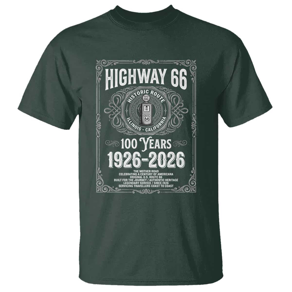 Historic Mother Road Highway 66 T Shirt Centennial 1926-2026 Classic Gas Pump Filigree Graphic
