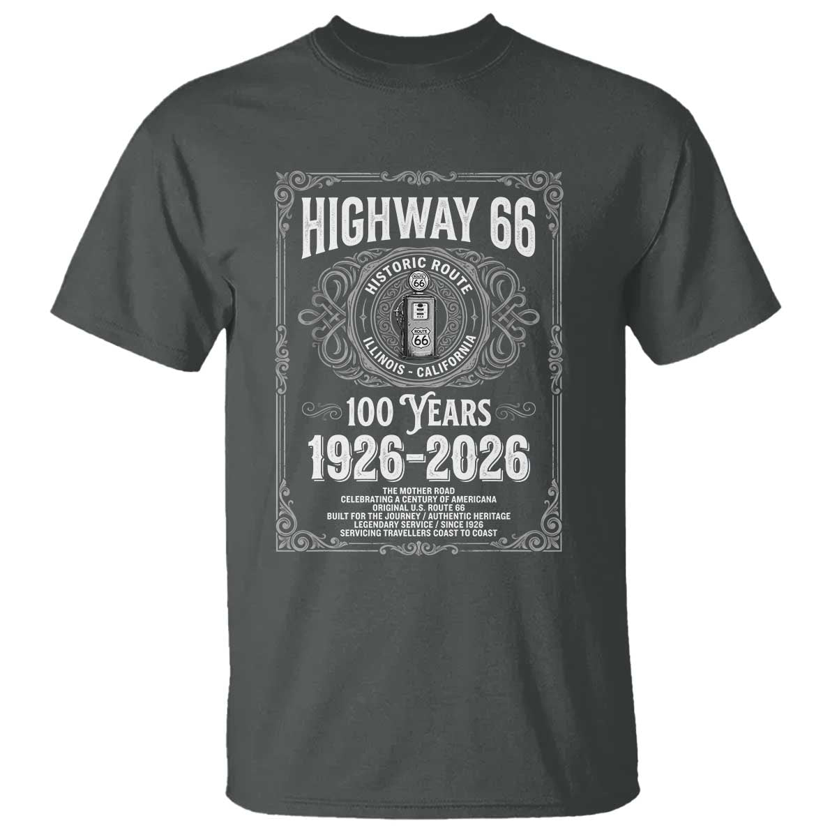 Historic Mother Road Highway 66 T Shirt Centennial 1926-2026 Classic Gas Pump Filigree Graphic