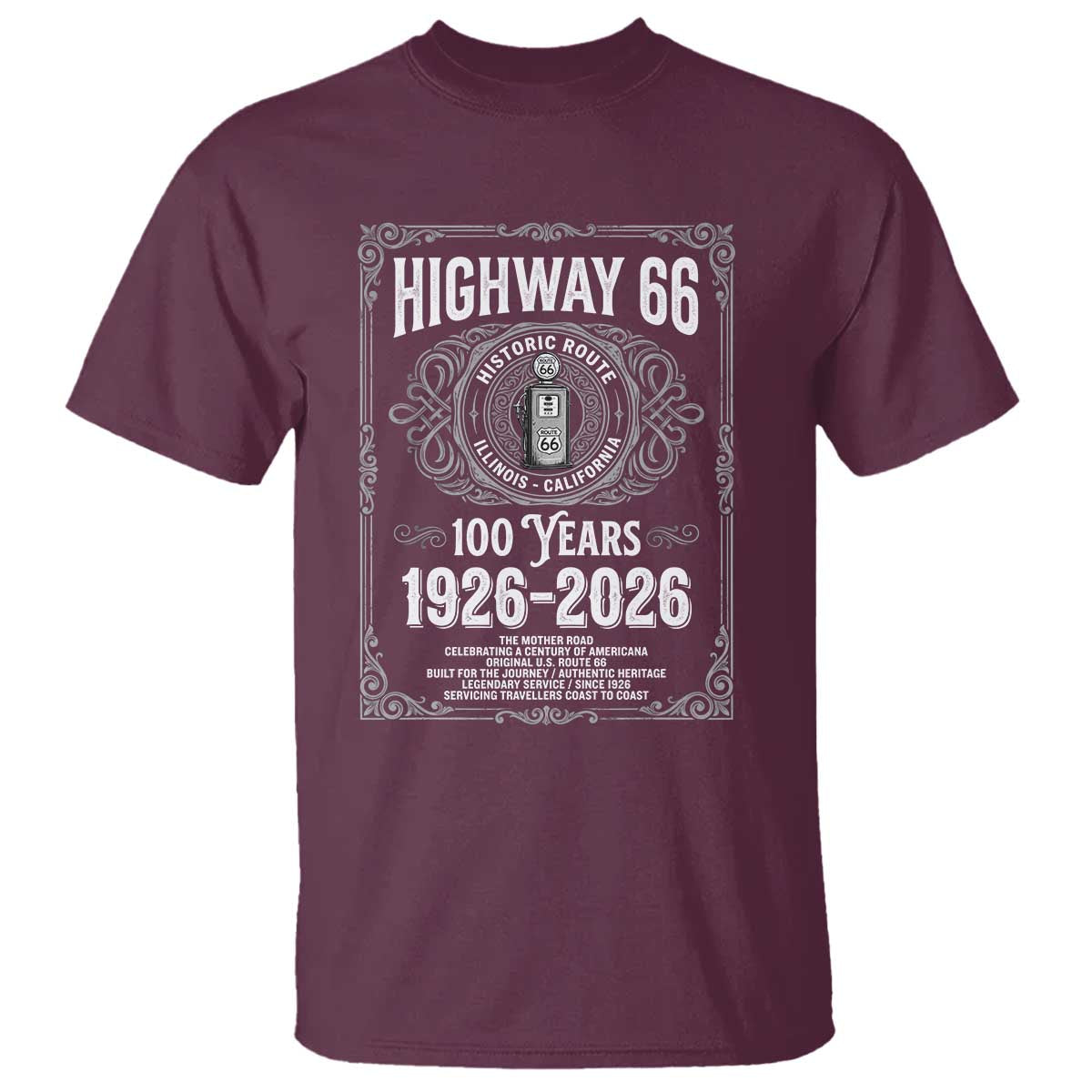 Historic Mother Road Highway 66 T Shirt Centennial 1926-2026 Classic Gas Pump Filigree Graphic