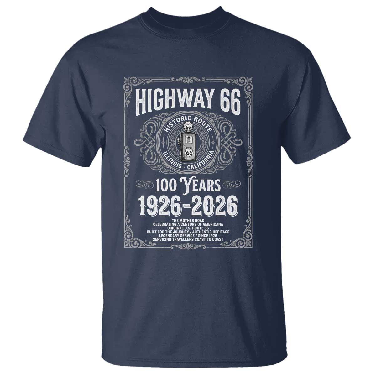Historic Mother Road Highway 66 T Shirt Centennial 1926-2026 Classic Gas Pump Filigree Graphic