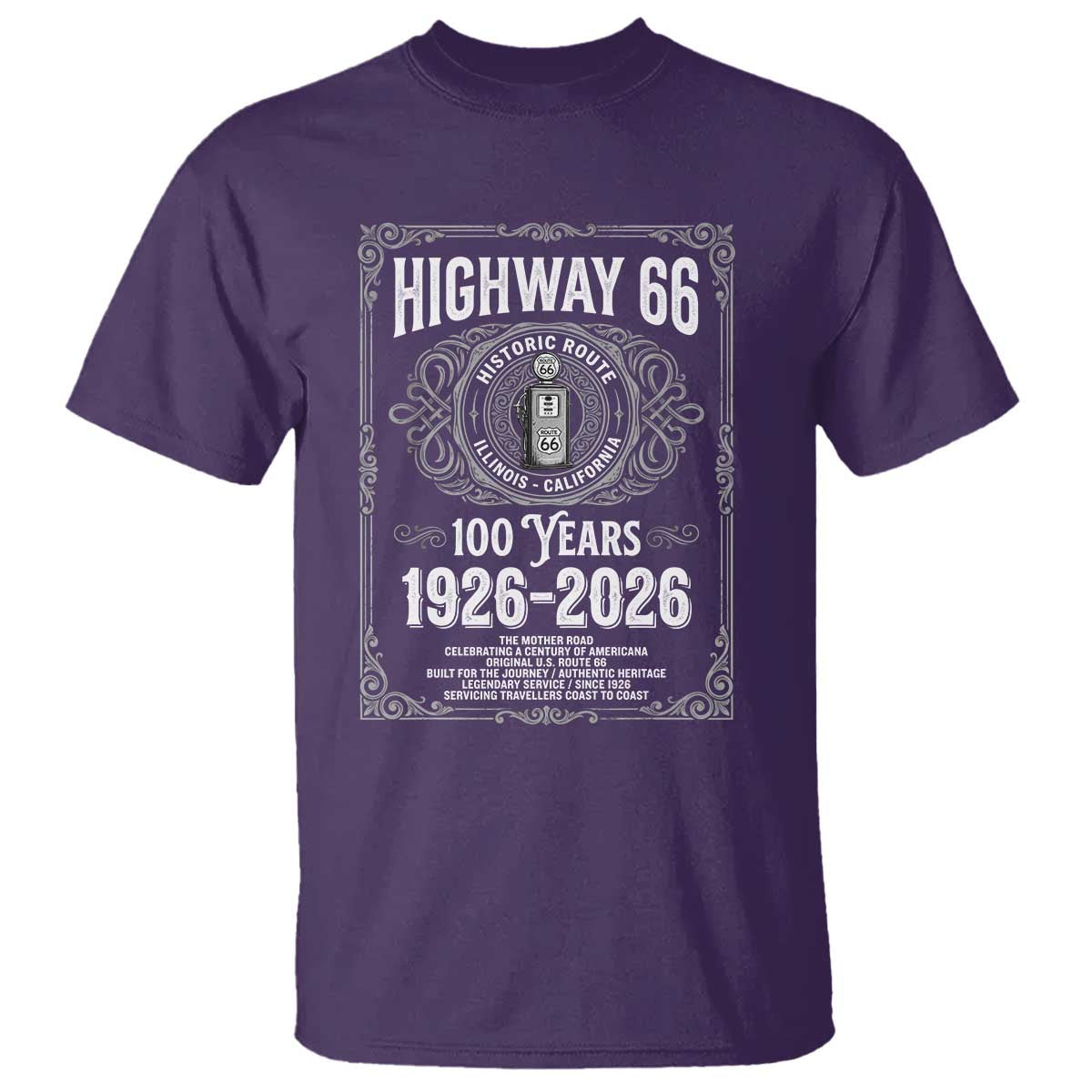 Historic Mother Road Highway 66 T Shirt Centennial 1926-2026 Classic Gas Pump Filigree Graphic