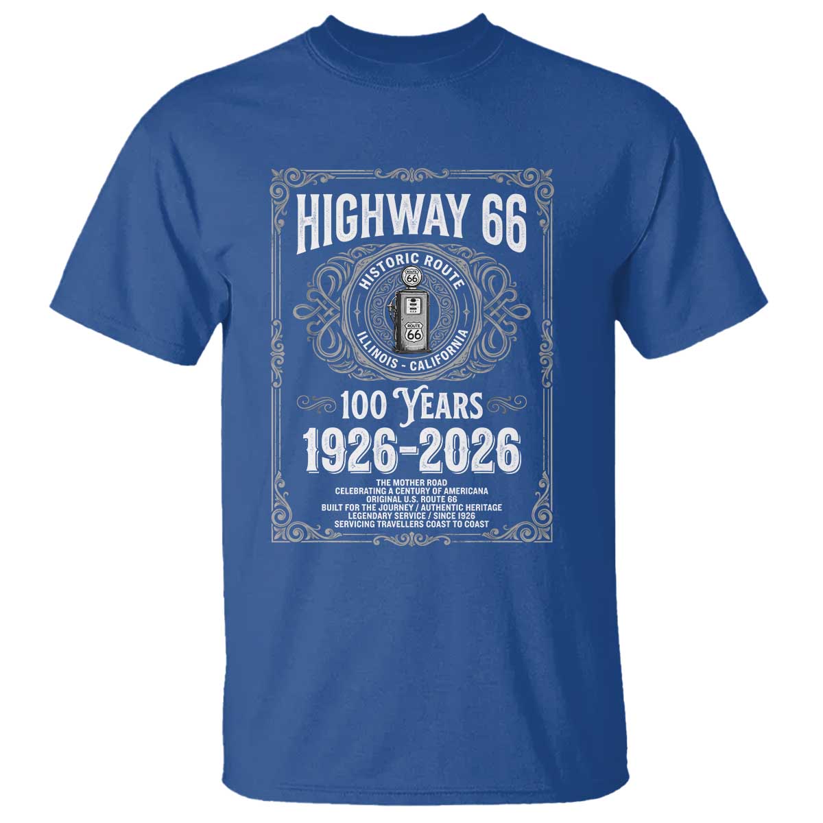 Historic Mother Road Highway 66 T Shirt Centennial 1926-2026 Classic Gas Pump Filigree Graphic