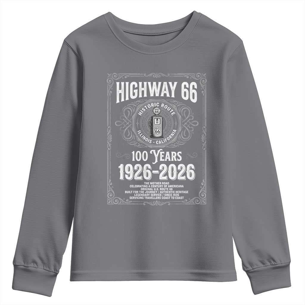 Historic Mother Road Highway 66 Youth Sweatshirt Centennial 1926-2026 Classic Gas Pump Filigree Graphic