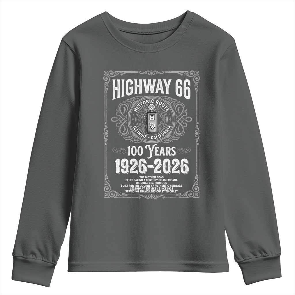 Historic Mother Road Highway 66 Youth Sweatshirt Centennial 1926-2026 Classic Gas Pump Filigree Graphic