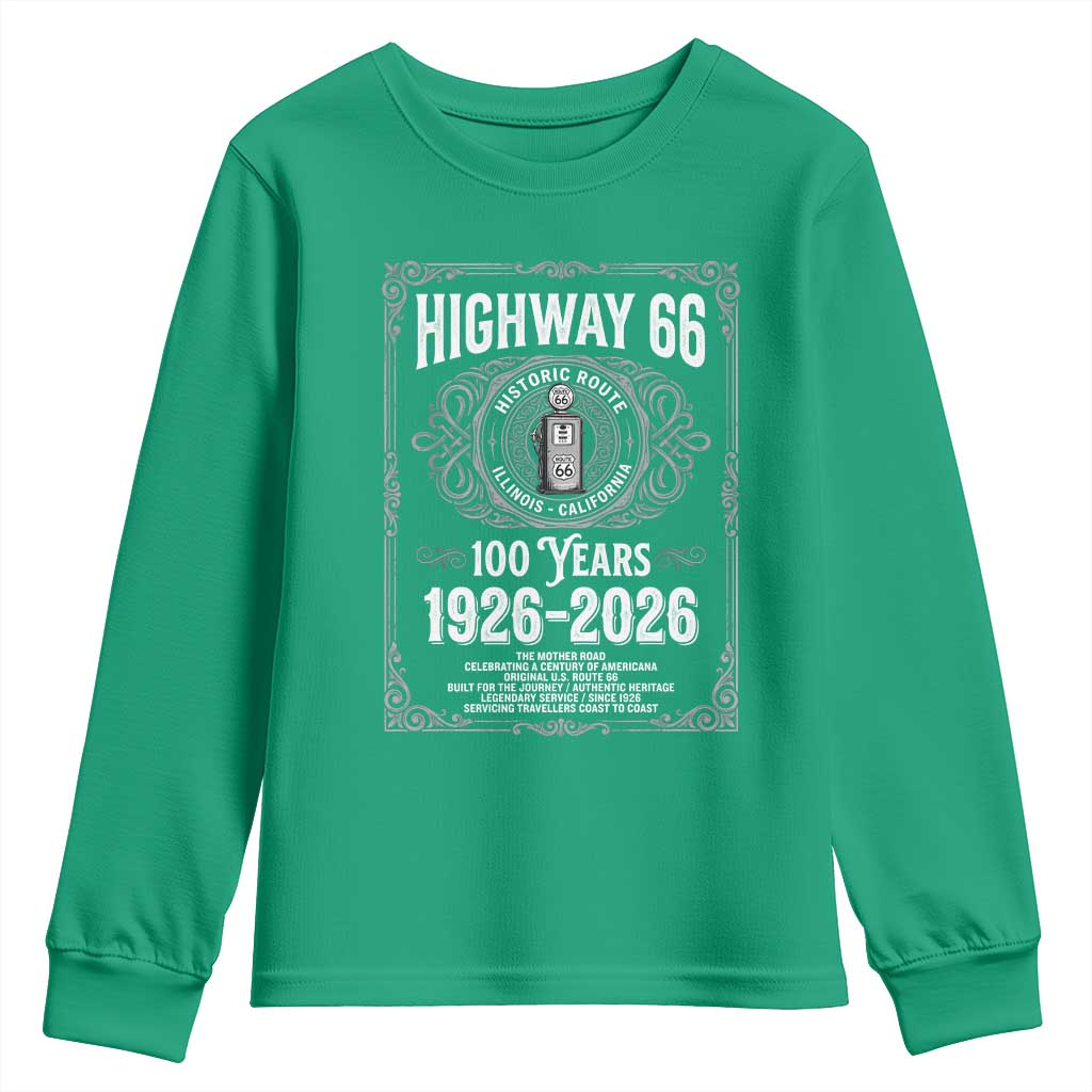 Historic Mother Road Highway 66 Youth Sweatshirt Centennial 1926-2026 Classic Gas Pump Filigree Graphic