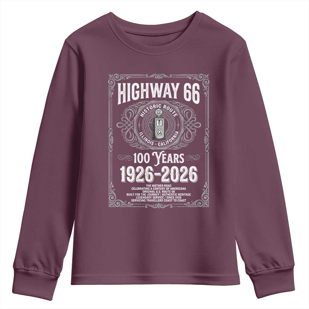 Historic Mother Road Highway 66 Youth Sweatshirt Centennial 1926-2026 Classic Gas Pump Filigree Graphic