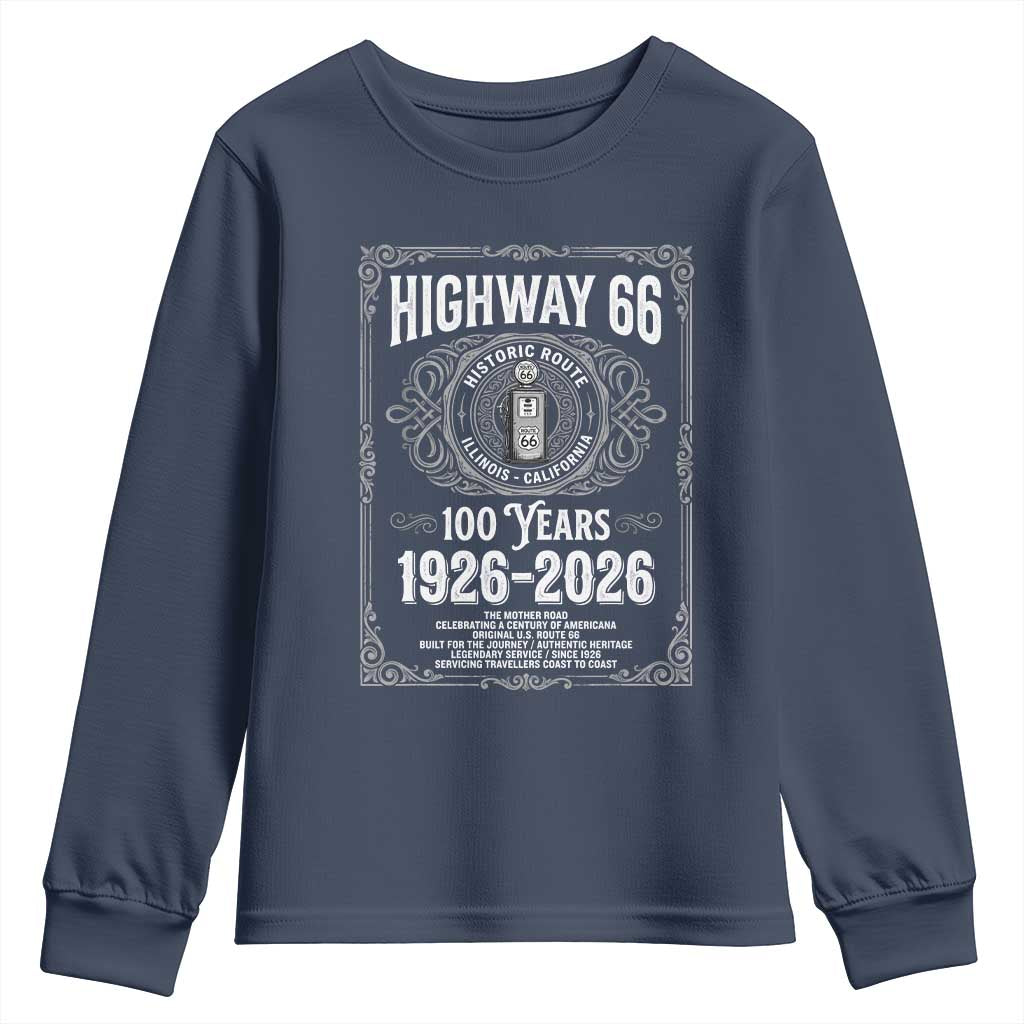 Historic Mother Road Highway 66 Youth Sweatshirt Centennial 1926-2026 Classic Gas Pump Filigree Graphic