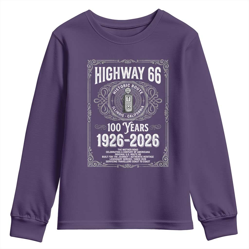 Historic Mother Road Highway 66 Youth Sweatshirt Centennial 1926-2026 Classic Gas Pump Filigree Graphic