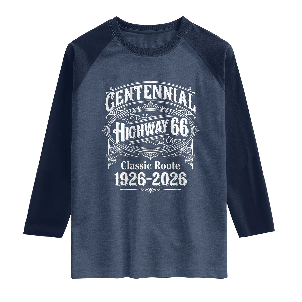 America Highway 66 Centennial 1926-2026 Classic Route Raglan Shirt Vintage The Mother Road Victorian Filigree Graphic