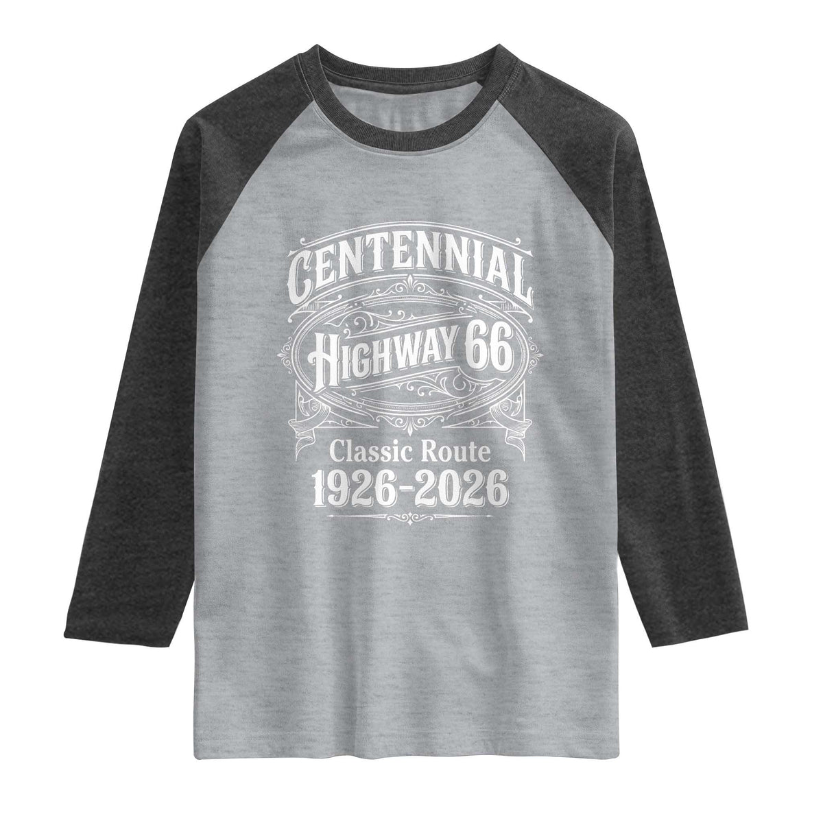 America Highway 66 Centennial 1926-2026 Classic Route Raglan Shirt Vintage The Mother Road Victorian Filigree Graphic