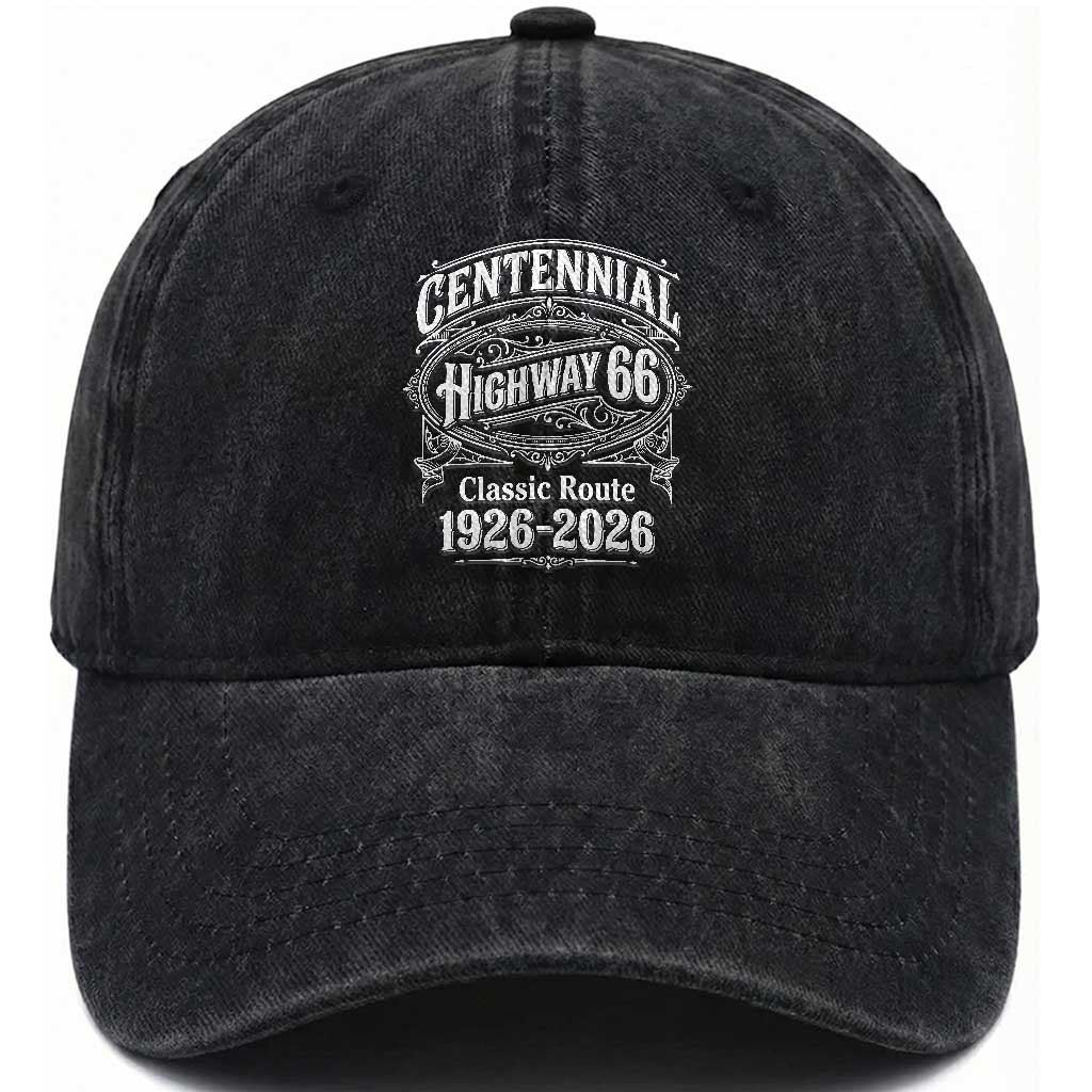 America Highway 66 Centennial 1926-2026 Classic Route Washed Cotton Baseball Cap Vintage The Mother Road Victorian Filigree Graphic