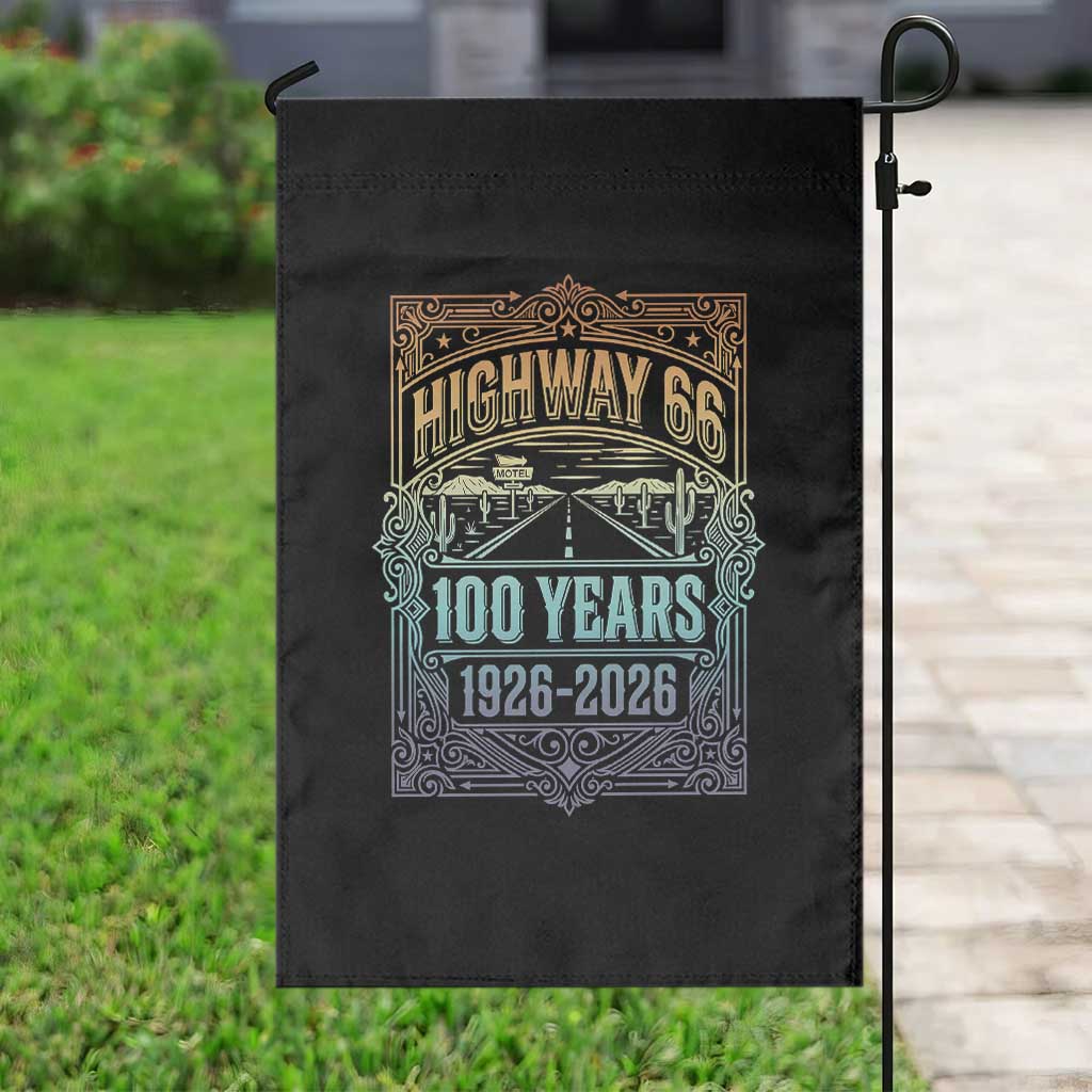 America Highway 66 100 Years Centennial 1926-2026 Garden Flag Retro Desert Horizon The Mother Road Colorful Graphic