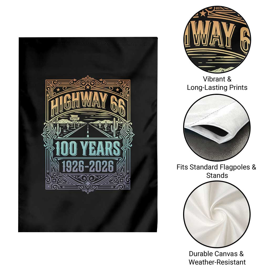America Highway 66 100 Years Centennial 1926-2026 Garden Flag Retro Desert Horizon The Mother Road Colorful Graphic