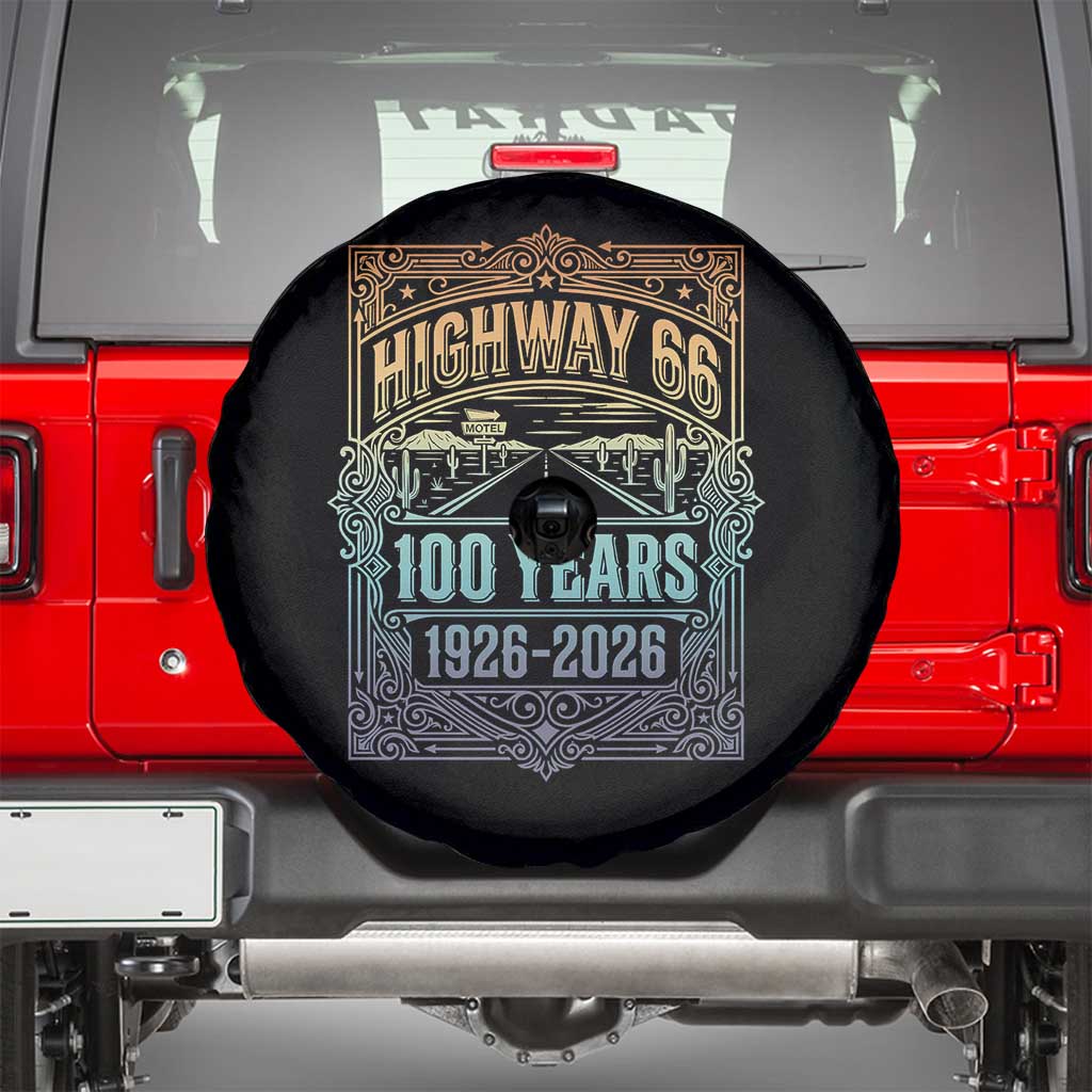 America Highway 66 100 Years Centennial 1926-2026 Spare Tire Cover Retro Desert Horizon The Mother Road Colorful Graphic