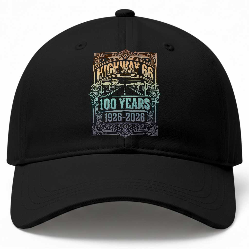 America Highway 66 100 Years Centennial 1926-2026 Baseball Cap Retro Desert Horizon The Mother Road Colorful Graphic