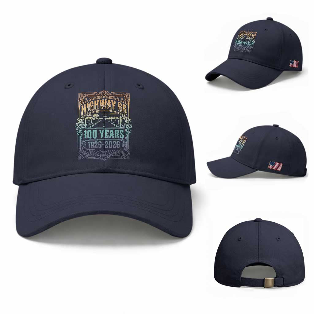 America Highway 66 100 Years Centennial 1926-2026 Baseball Cap Retro Desert Horizon The Mother Road Colorful Graphic