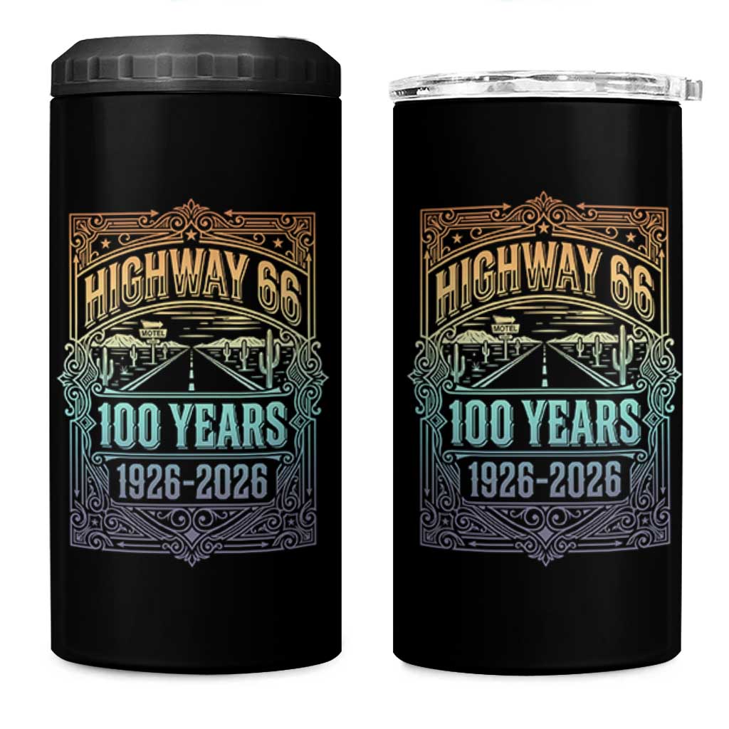 America Highway 66 100 Years Centennial 1926-2026 4 in 1 Can Cooler Tumbler Retro Desert Horizon The Mother Road Colorful Graphic