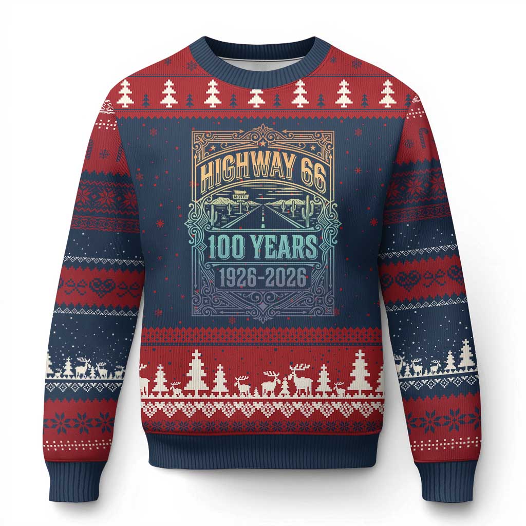 America Highway 66 100 Years Centennial 1926-2026 Ugly Christmas Sweater Retro Desert Horizon The Mother Road Colorful Graphic