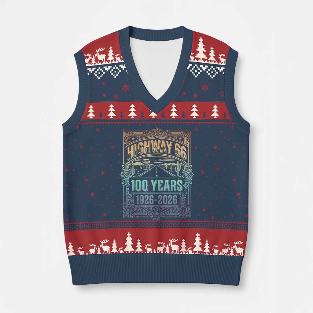America Highway 66 100 Years Centennial 1926-2026 V-Neck Knit Sweater Vest Retro Desert Horizon The Mother Road Colorful Graphic