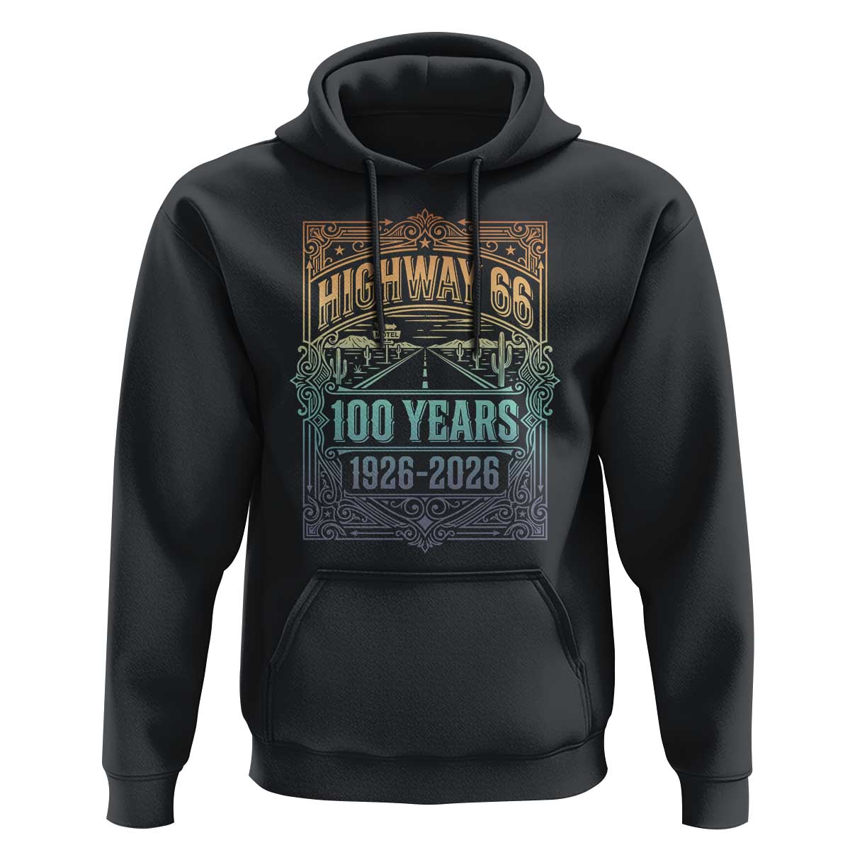 America Highway 66 100 Years Centennial 1926-2026 Hoodie Retro Desert Horizon The Mother Road Colorful Graphic